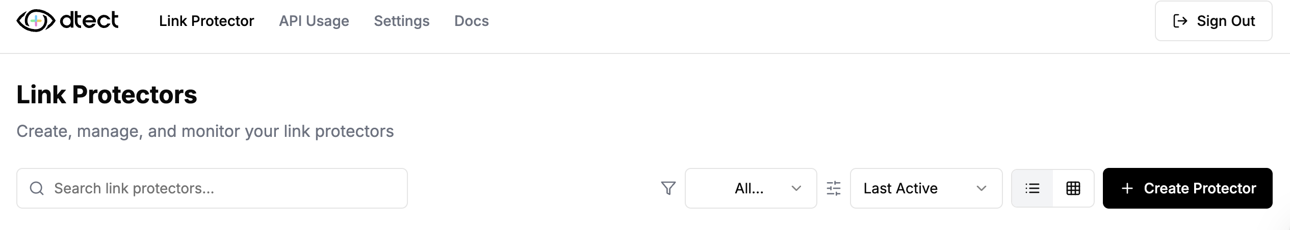 The Link Protectors dashboard allows you to view, filter, and create new protectors.