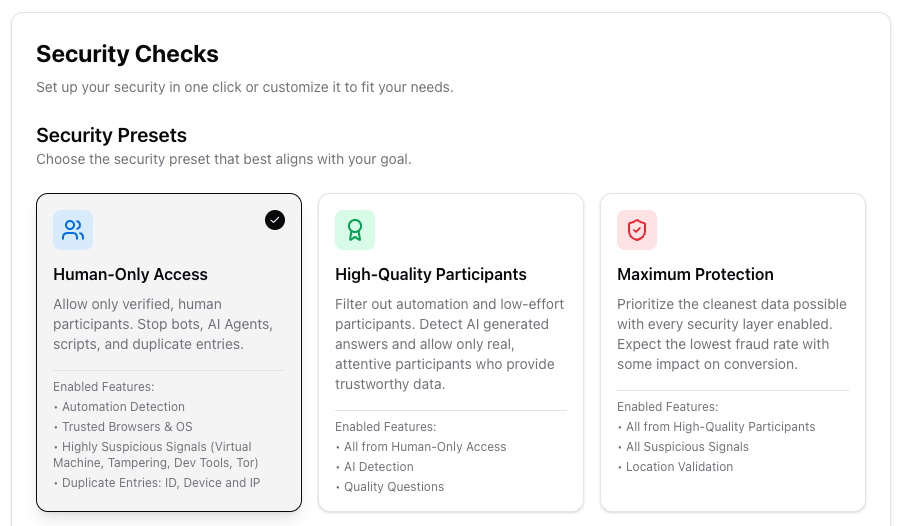 The Security Presets screen shows preset options for Human-Only Access, High-Quality Participants, and Maximum Protection with a Customize Security Features button below.