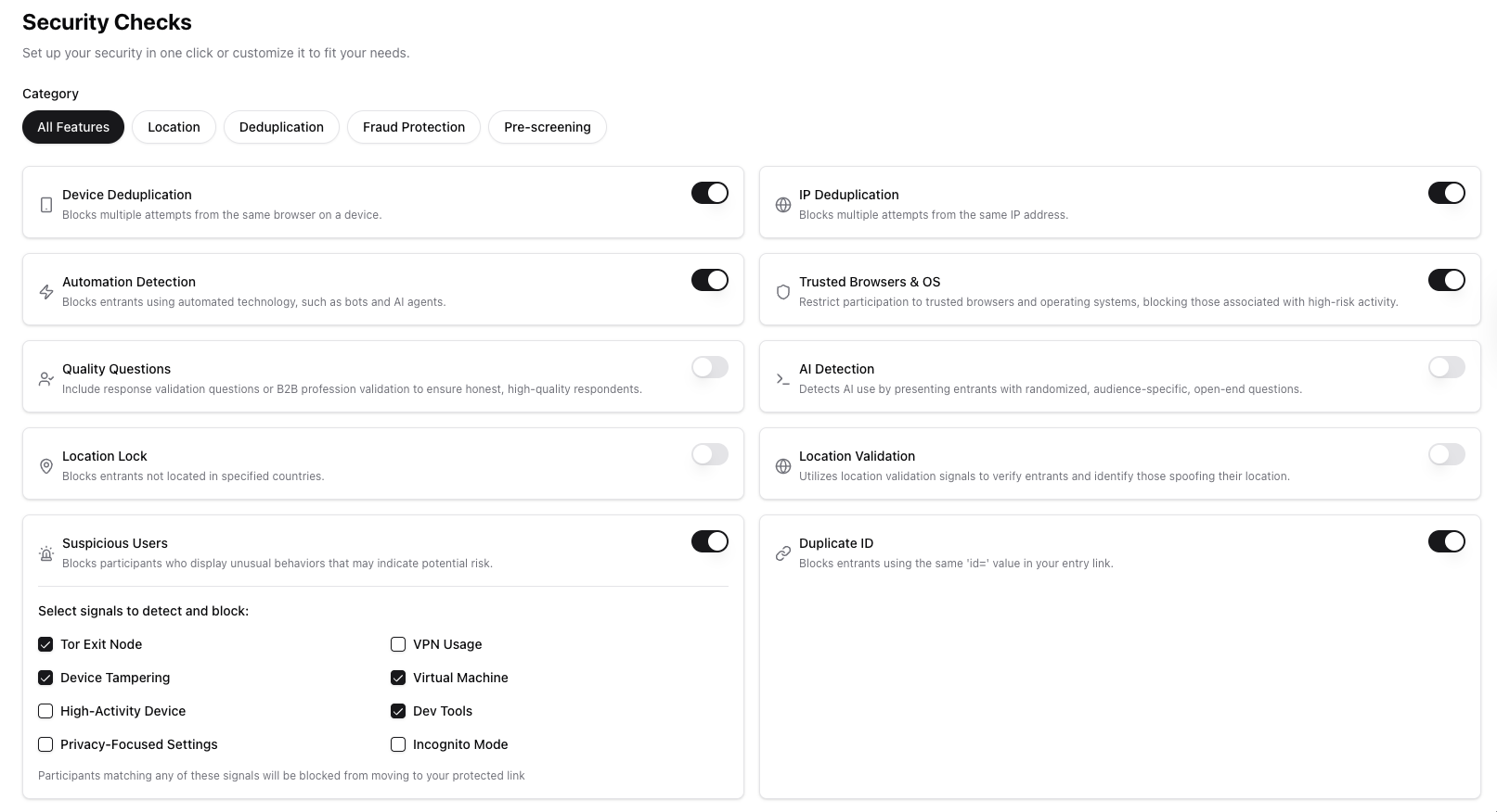 he Security Checks tab displays individual toggles for deduplication, AI detection, automation detection, and suspicious user signals.