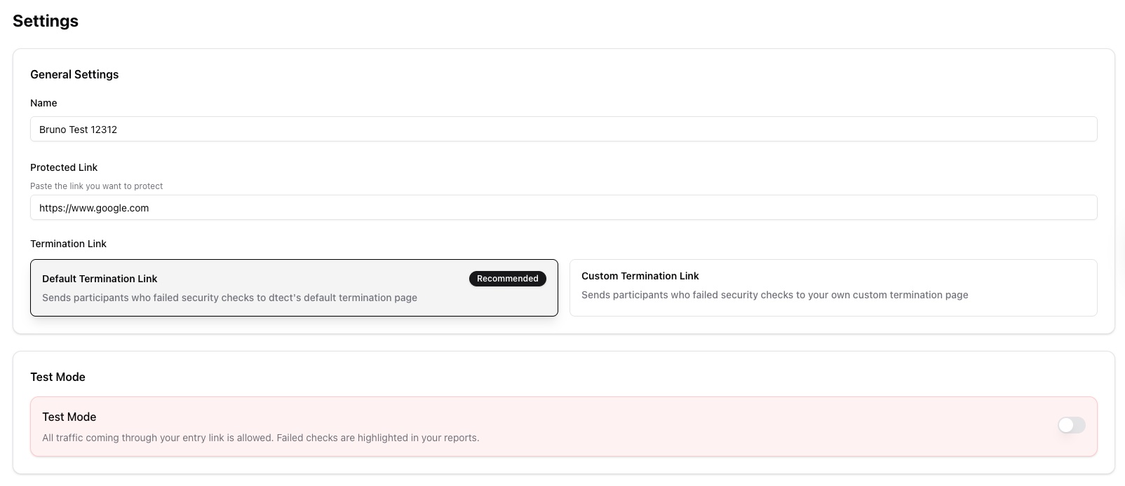 The Settings tab includes options for naming, managing termination links, and enabling Test Mode.