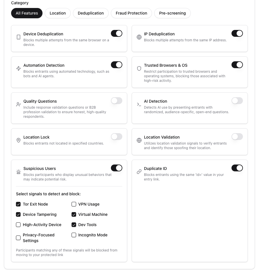 The Customize Security Features screen displays toggles for all available security checks including deduplication, AI detection, automation detection, location validation, and suspicious user signals.